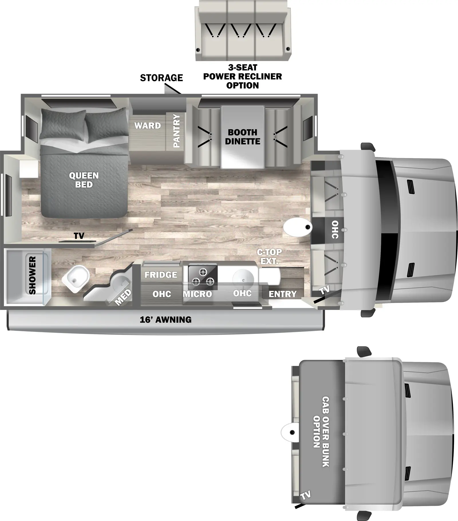 The 24FW has one slideout and one entry. Exterior features a 16 foot awning and storage. Interior layout front to back: front cockpit with overhead cabinets (optional cab-over bunk), table, and tv on door-side; off-door side slideout with booth dinette (optional 3-seat power recliner), pantry, wardrobe and queen bed with TV on inner wall across from it; door side entry, kitchen counter with extension, sink, overhead cabinet, microwave, cooktop, and refrigerator; rear door side full bathroom with medicine cabinet.